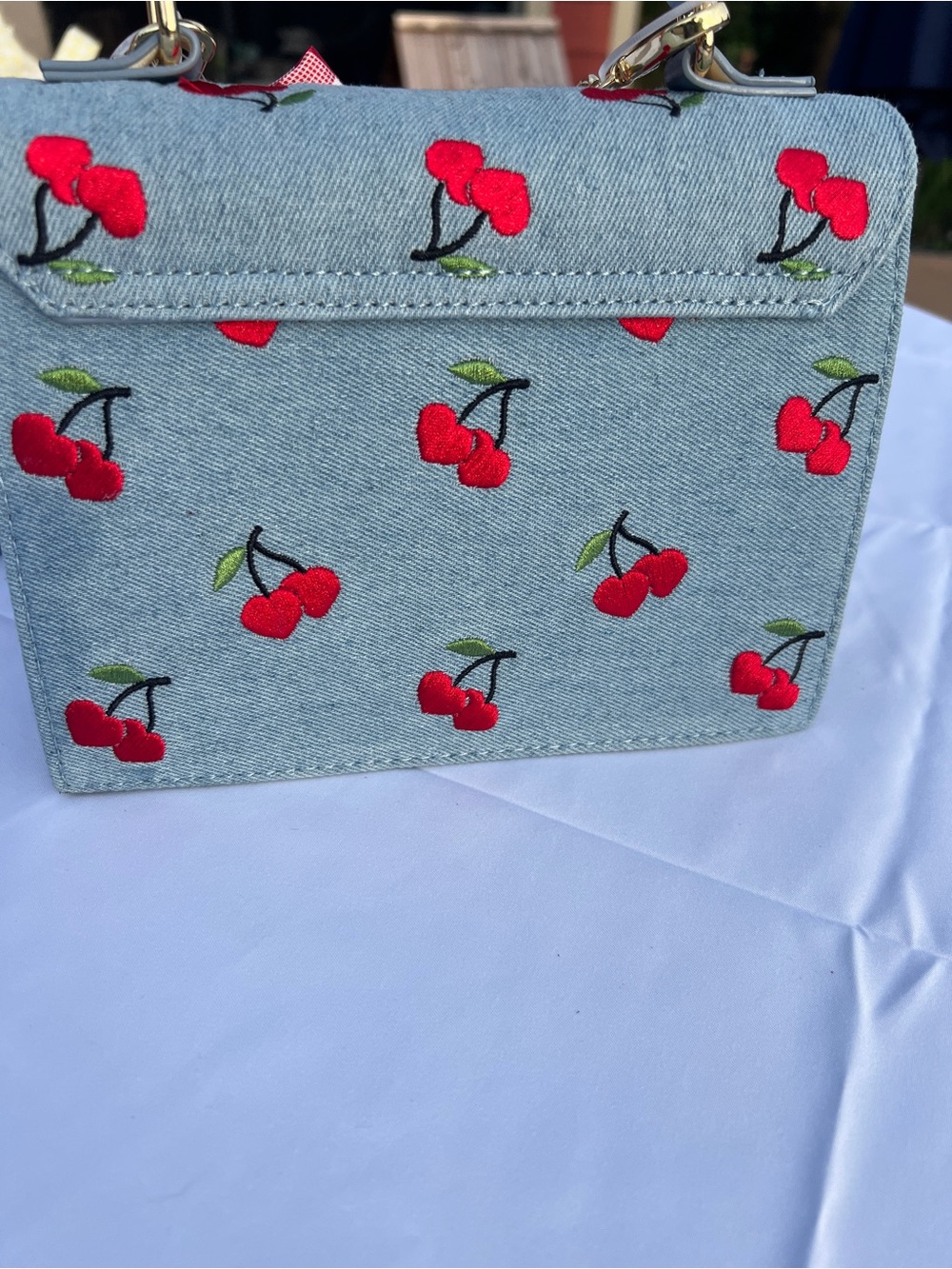 Betsey Johnson Cherry Embroidered Denim Crossbody Satchel NWT - Picture 4 of 11